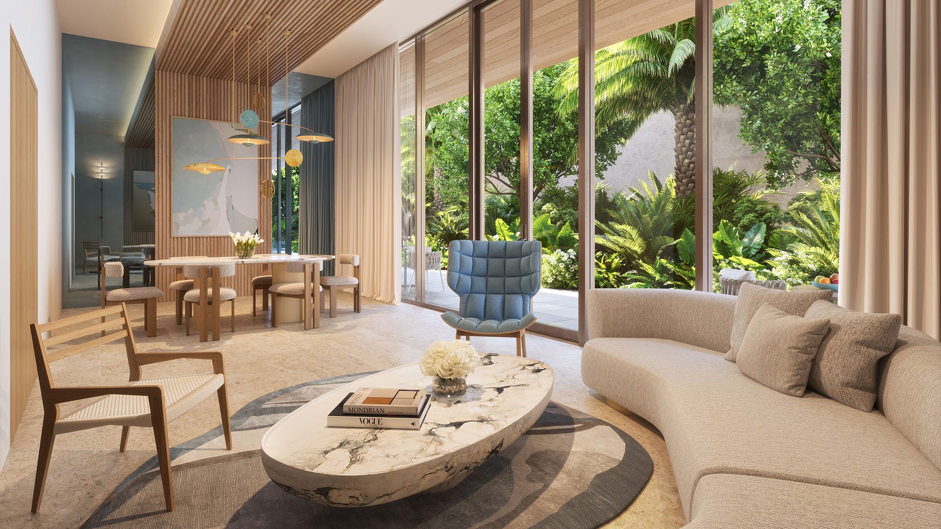 Glass House Boca Raton Palmetto Lounge social room with dining table and marble coffee table, floor-to-ceiling windows to tropical gardens, showcasing luxury and ultra luxury preconstruction condos amenities in Boca Raton, Florida.