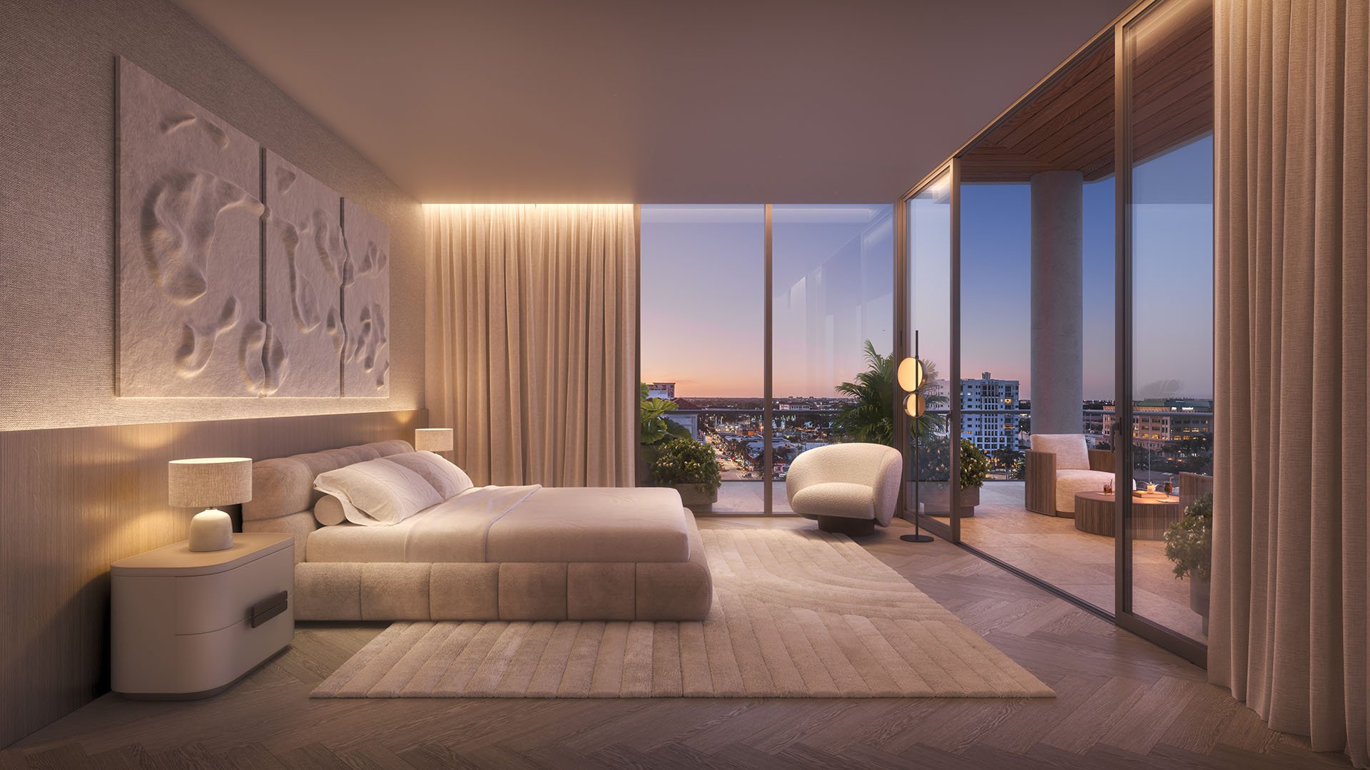 Glass House Boca Raton primary bedroom suite with floor-to-ceiling glass, plush bed and private terrace overlooking sunset city view, representing luxury and ultra luxury preconstruction condos in Boca Raton, Florida.
