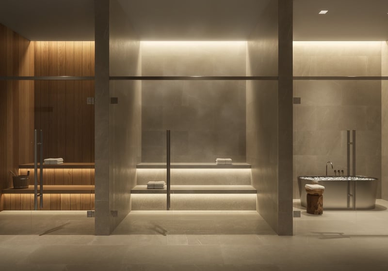 Glass House Boca Raton spa and wellness center with sauna, steam room, cold plunge and soaking tub, showcasing luxury and ultra luxury preconstruction condos amenities in Boca Raton, Florida.