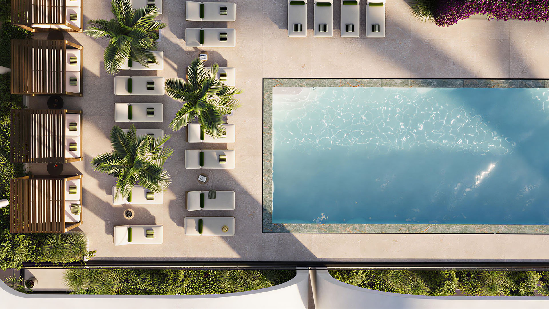 Top-down rooftop pool deck at House of Wellness in Brickell preconstruction luxury and ultra luxury condos with loungers, palms, and cabanas around a rectangular pool.