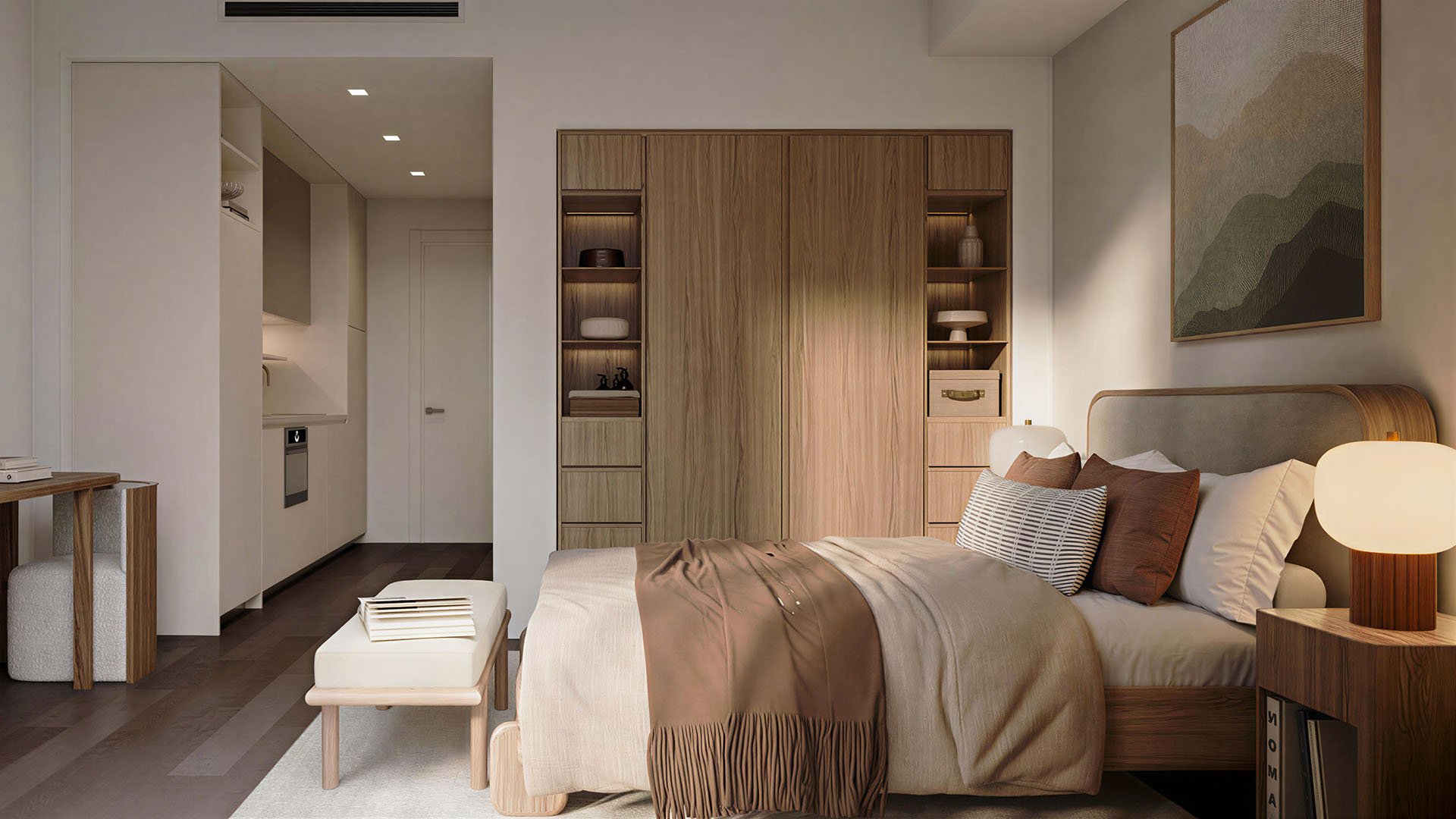 Warm bedroom suite interior at House of Wellness in Brickell preconstruction luxury and ultra luxury condos with built-in shelving, wood paneling, and a compact kitchenette beyond.