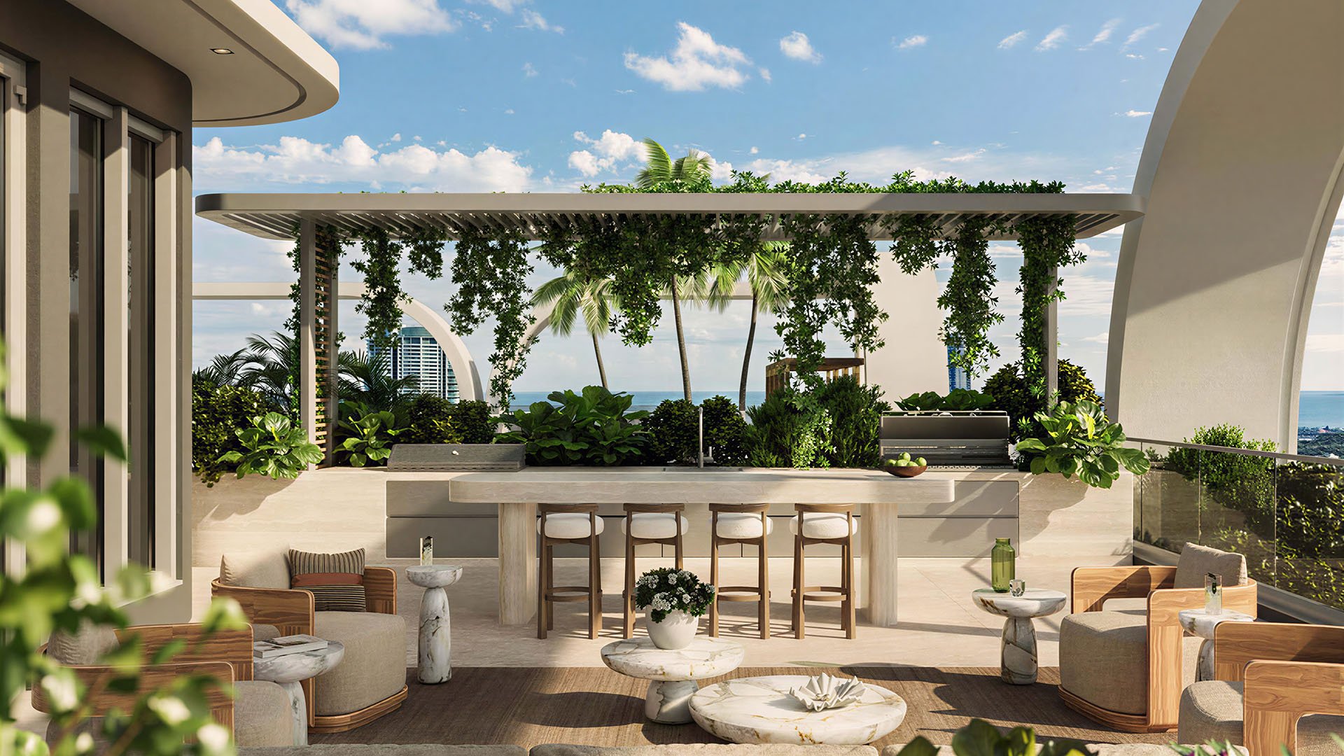 Outdoor bar lounge terrace at House of Wellness in Brickell preconstruction luxury and ultra luxury condos with a pergola, island seating, lush planting, and water views.