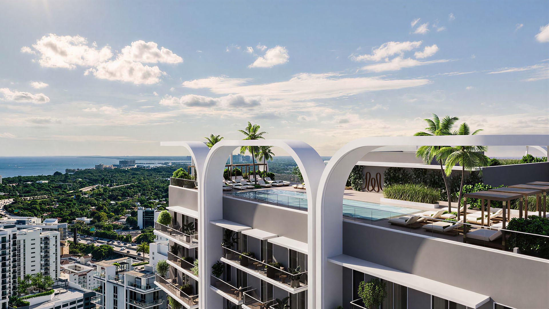 Rooftop pool terrace at House of Wellness in Brickell preconstruction luxury and ultra luxury condos with pergola seating, sun loungers, and sweeping skyline views.