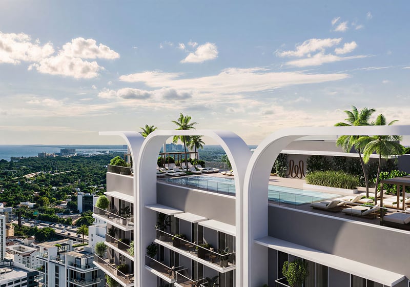 Rooftop pool terrace at House of Wellness in Brickell preconstruction luxury and ultra luxury condos with pergola seating, sun loungers, and sweeping skyline views.