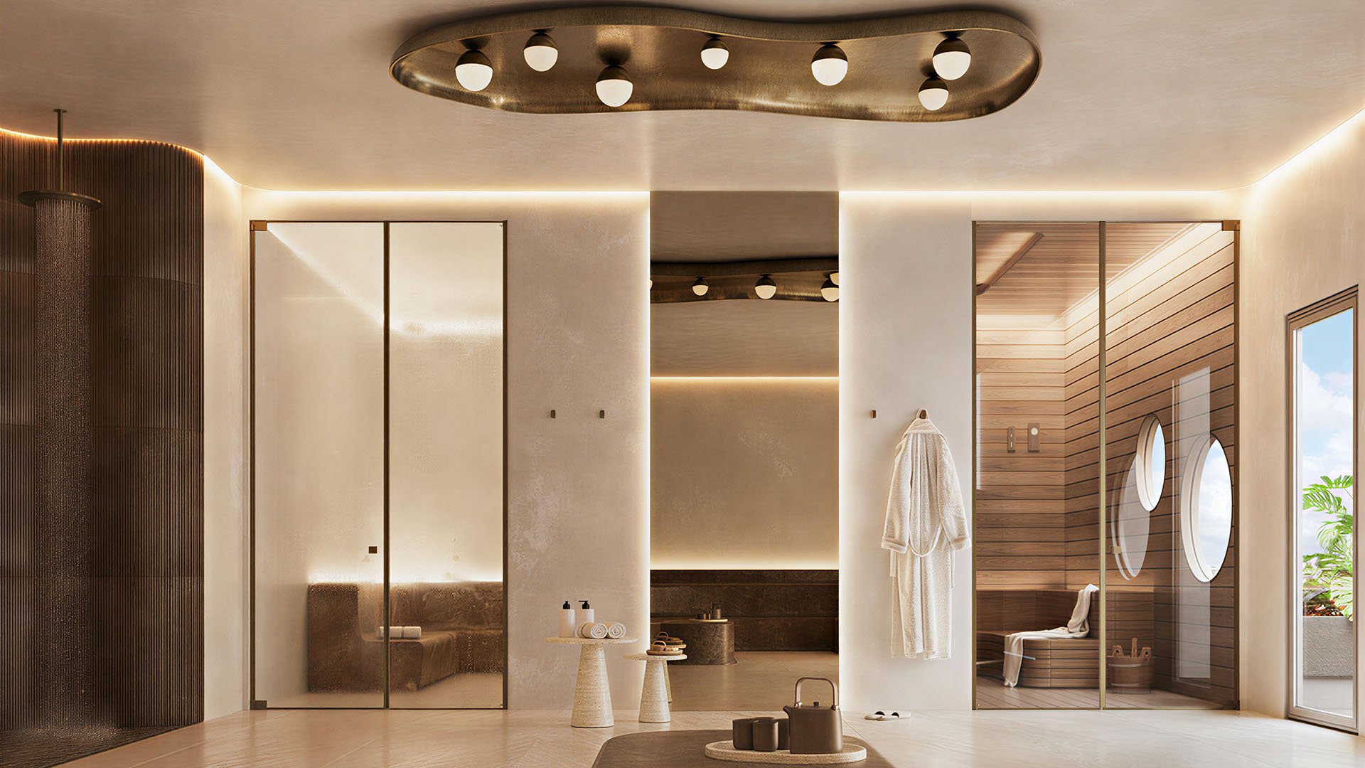 Spa locker room at House of Wellness in Brickell preconstruction luxury and ultra luxury condos with robes, a sauna entry, warm lighting, and wood detailing.