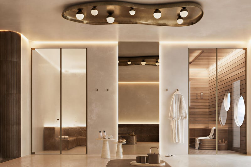 Spa locker room at House of Wellness in Brickell preconstruction luxury and ultra luxury condos with robes, a sauna entry, warm lighting, and wood detailing.