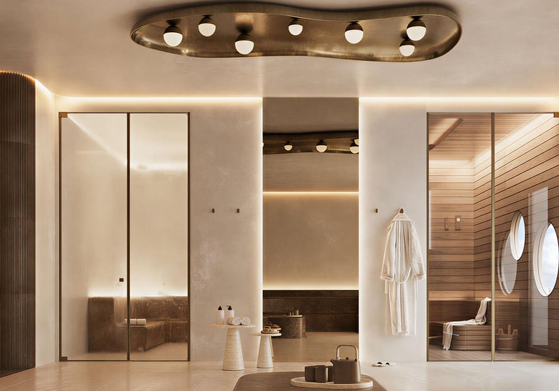 Spa locker room at House of Wellness in Brickell preconstruction luxury and ultra luxury condos with robes, a sauna entry, warm lighting, and wood detailing.
