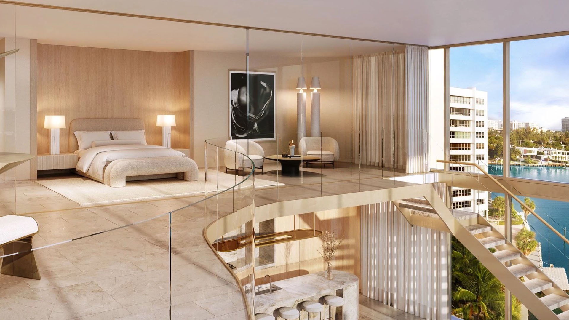Indian Creek Residences and Yacht Club duplex primary suite with double-height windows, glass railings and waterfront views, Bay Harbor Islands, Miami area, Florida, luxury and ultra luxury preconstruction condos bedroom retreat.