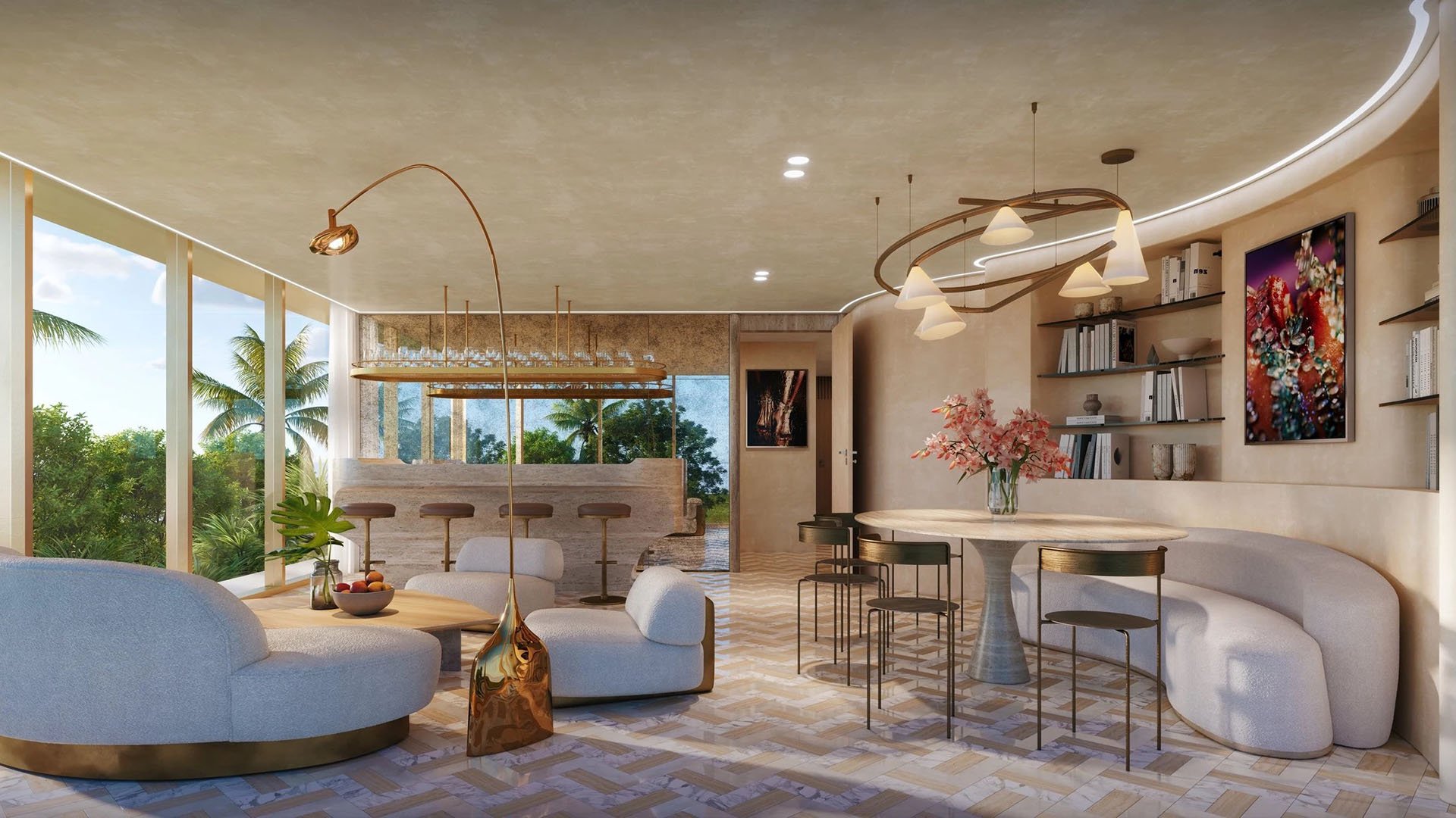 Indian Creek Residences and Yacht Club private parlour lounge with bar, curved banquette seating, designer lighting and art, Bay Harbor Islands, Miami area, Florida, luxury and ultra luxury preconstruction condos amenity space.