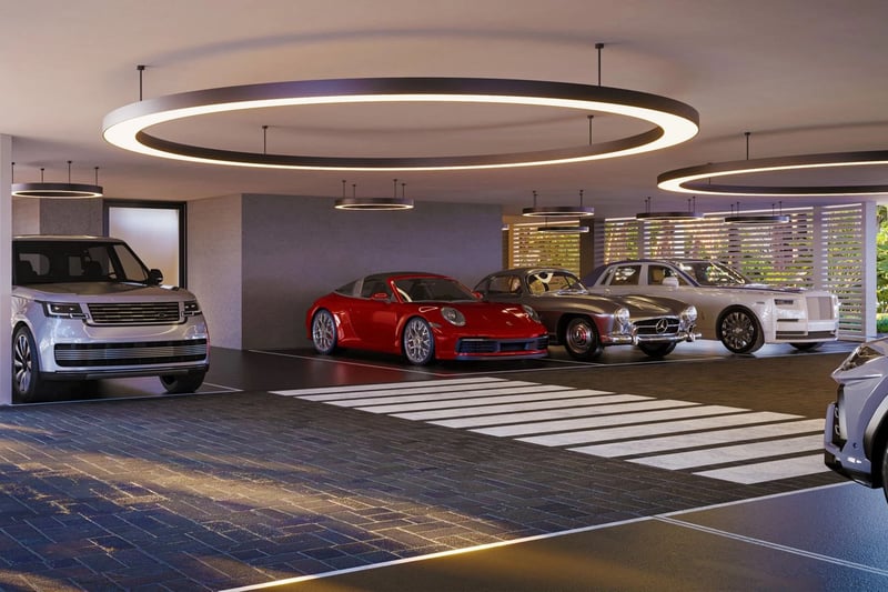 Indian Creek Residences and Yacht Club private residents garage with luxury car collection parking and modern ring lighting, Bay Harbor Islands, Miami area, Florida, luxury and ultra luxury preconstruction condos services.