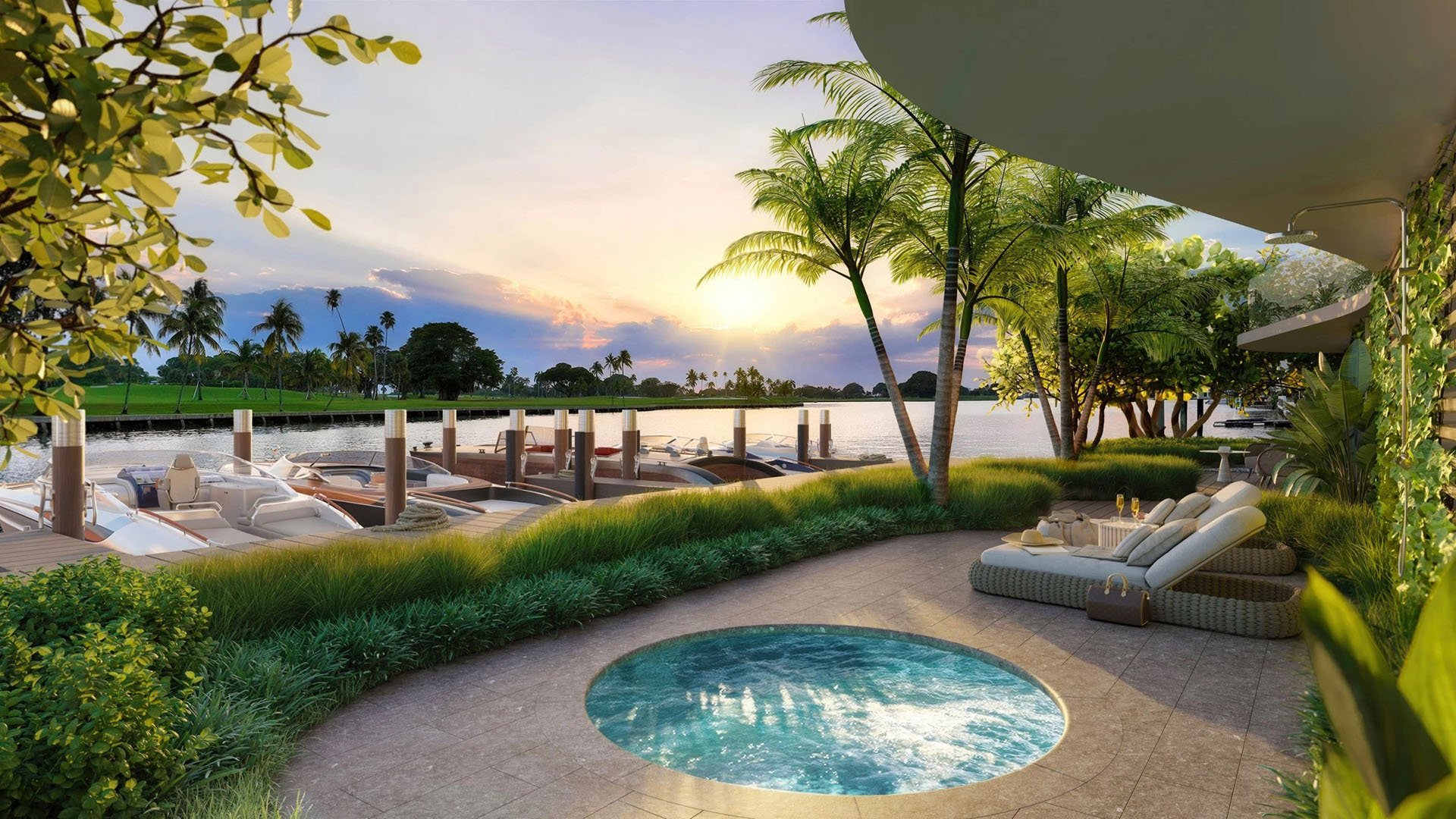 Indian Creek Residences and Yacht Club Bay Harbor Islands, Miami, Florida sunset spa pool terrace overlooking marina yachts, with lounge seating and tropical landscaping, amenities for luxury and ultra luxury preconstruction condos.