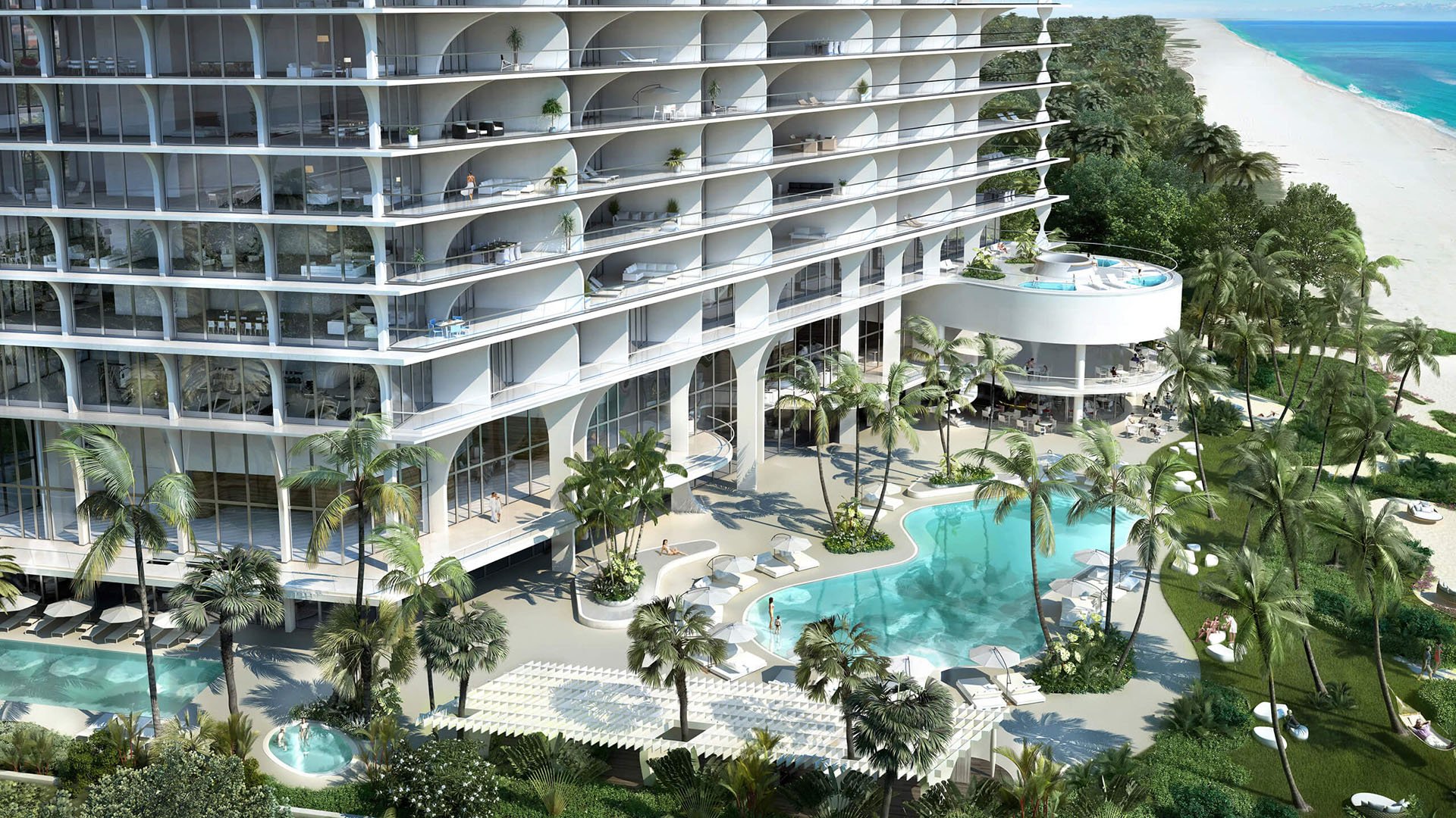 Jade Signature in Sunny Isles Beach luxury and ultra luxury condos aerial pool courtyard with pergola sundeck, palms, curved terraces and a circular spa deck beside the beach.
