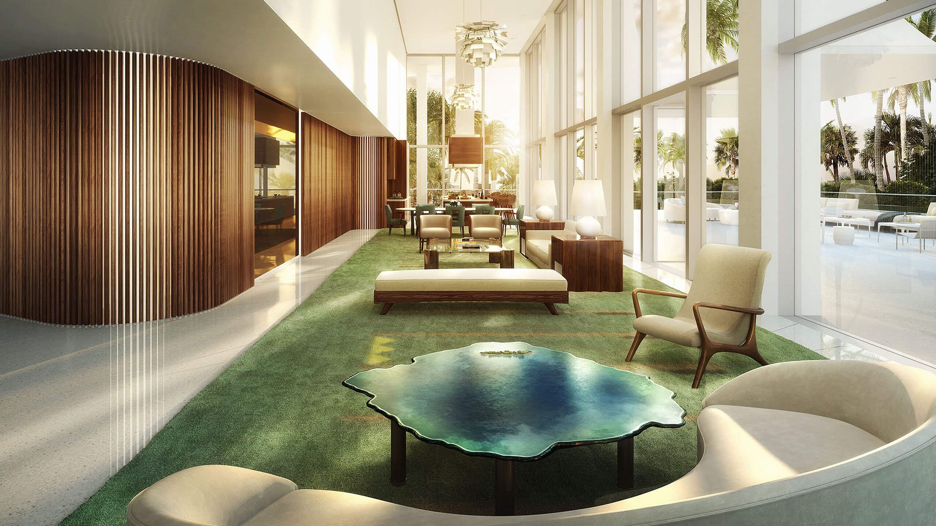 Jade Signature in Sunny Isles Beach luxury and ultra luxury condos lobby lounge with a curved wood feature wall, tall windows, green rug, sculptural table and soft natural light.