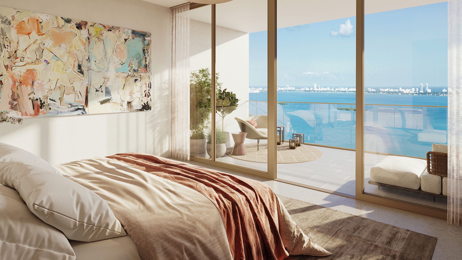 Jean-Georges Miami Tropic Residences bedroom with floor-to-ceiling glass doors opening to an ocean-view balcony, Miami, Florida, highlighting luxury and ultra luxury preconstruction condos with bright modern interiors and waterfront views.