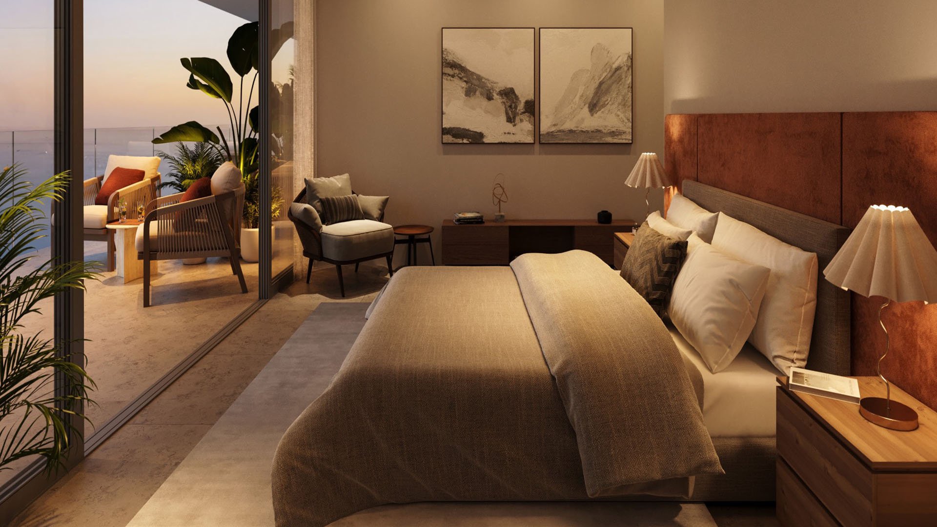 Jean-Georges Miami Tropic Residences bedroom at sunset with warm lighting and private balcony lounge seating, Miami, Florida, featuring luxury and ultra luxury preconstruction condos with serene waterfront views and designer finishes.