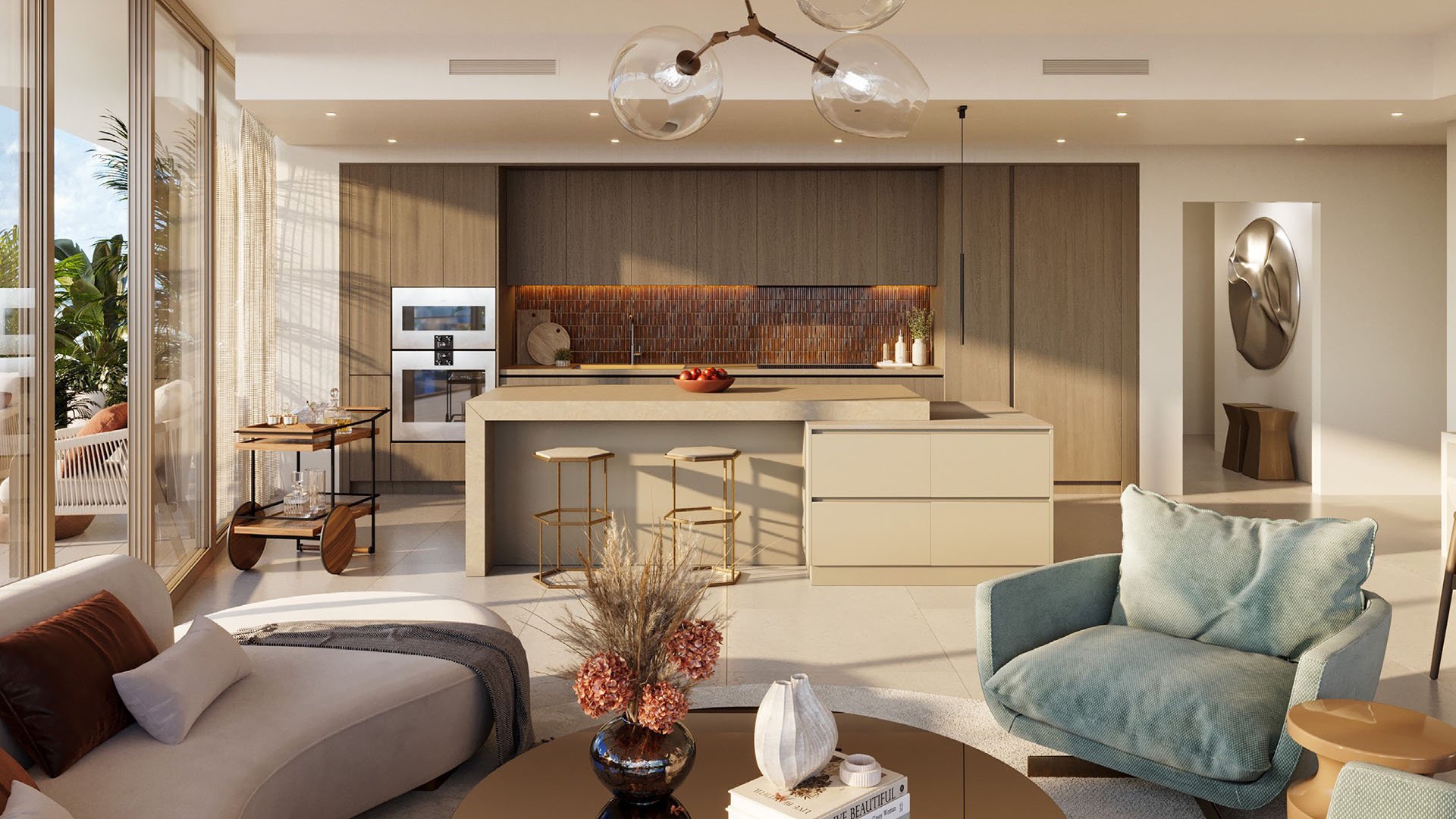 Jean-Georges Miami Tropic Residences gourmet kitchen with oversized island, designer backsplash and built-in appliances, Miami, Florida, featuring luxury and ultra luxury preconstruction condos with open-plan entertaining and curated lighting.