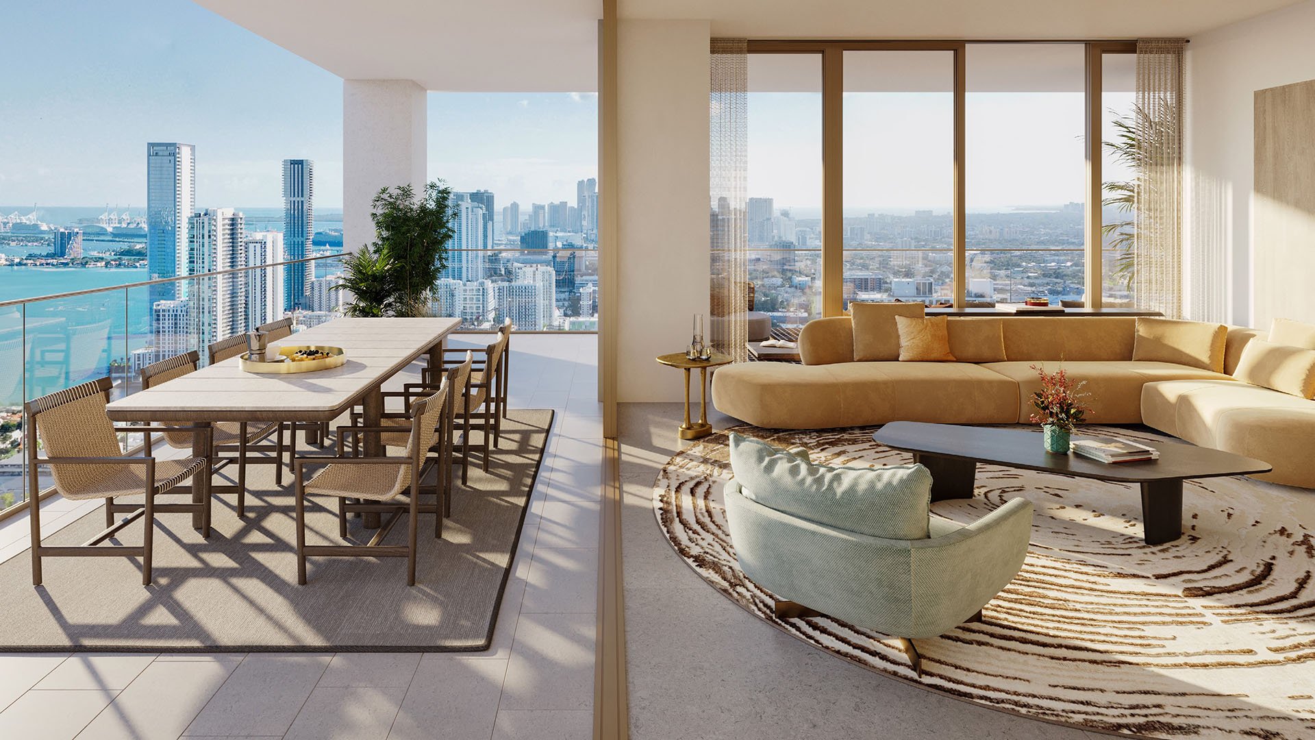 Jean-Georges Miami Tropic Residences indoor-outdoor living room opening to terrace dining with Miami skyline and water views, Miami, Florida, showcasing luxury and ultra luxury preconstruction condos with expansive balconies.