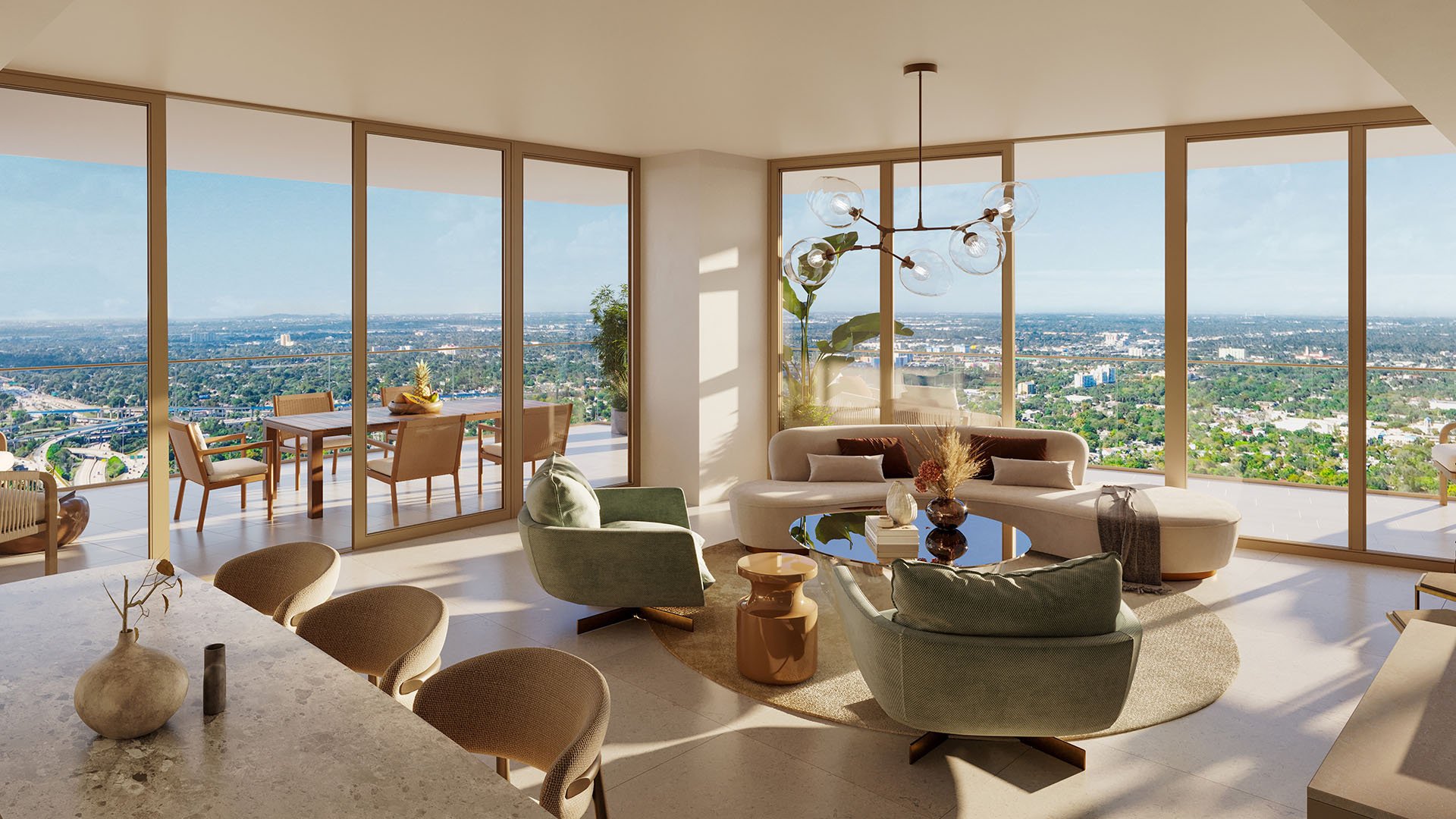 Jean-Georges Miami Tropic Residences living room with expansive terrace and floor-to-ceiling windows framing panoramic Miami views, Miami, Florida, showcasing luxury and ultra luxury preconstruction condos with seamless indoor-outdoor lifestyle.