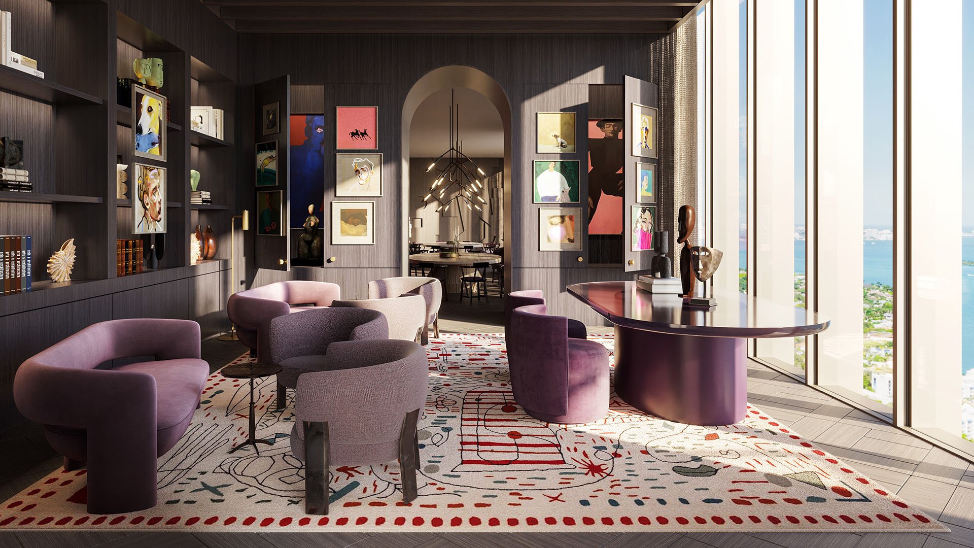 Jean-Georges Miami Tropic Residences residents lounge and library with curated art gallery walls, purple seating and bay views, Miami, Florida, showcasing luxury and ultra luxury preconstruction condos with elevated social spaces.