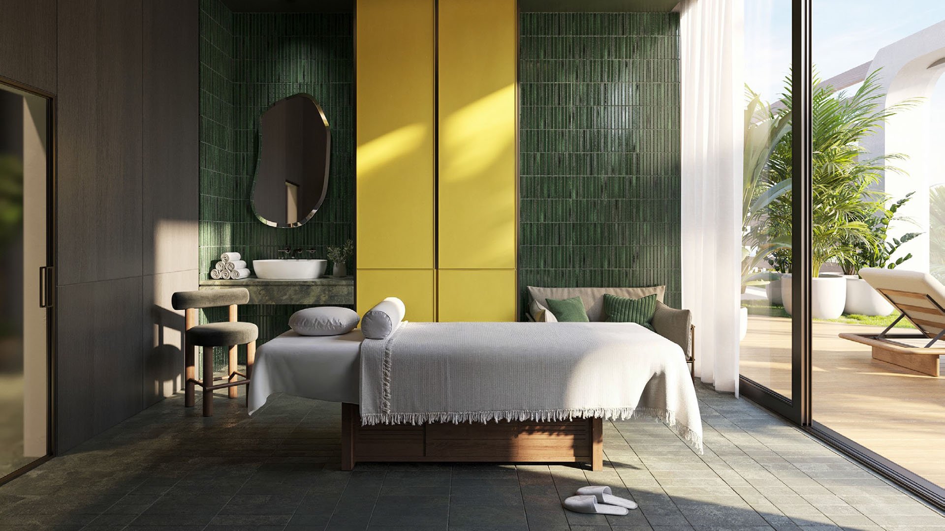 Jean-Georges Miami Tropic Residences wellness spa treatment room with massage table, green tile wall and private terrace soaking tub, Miami, Florida, highlighting luxury and ultra luxury preconstruction condos with holistic amenities.