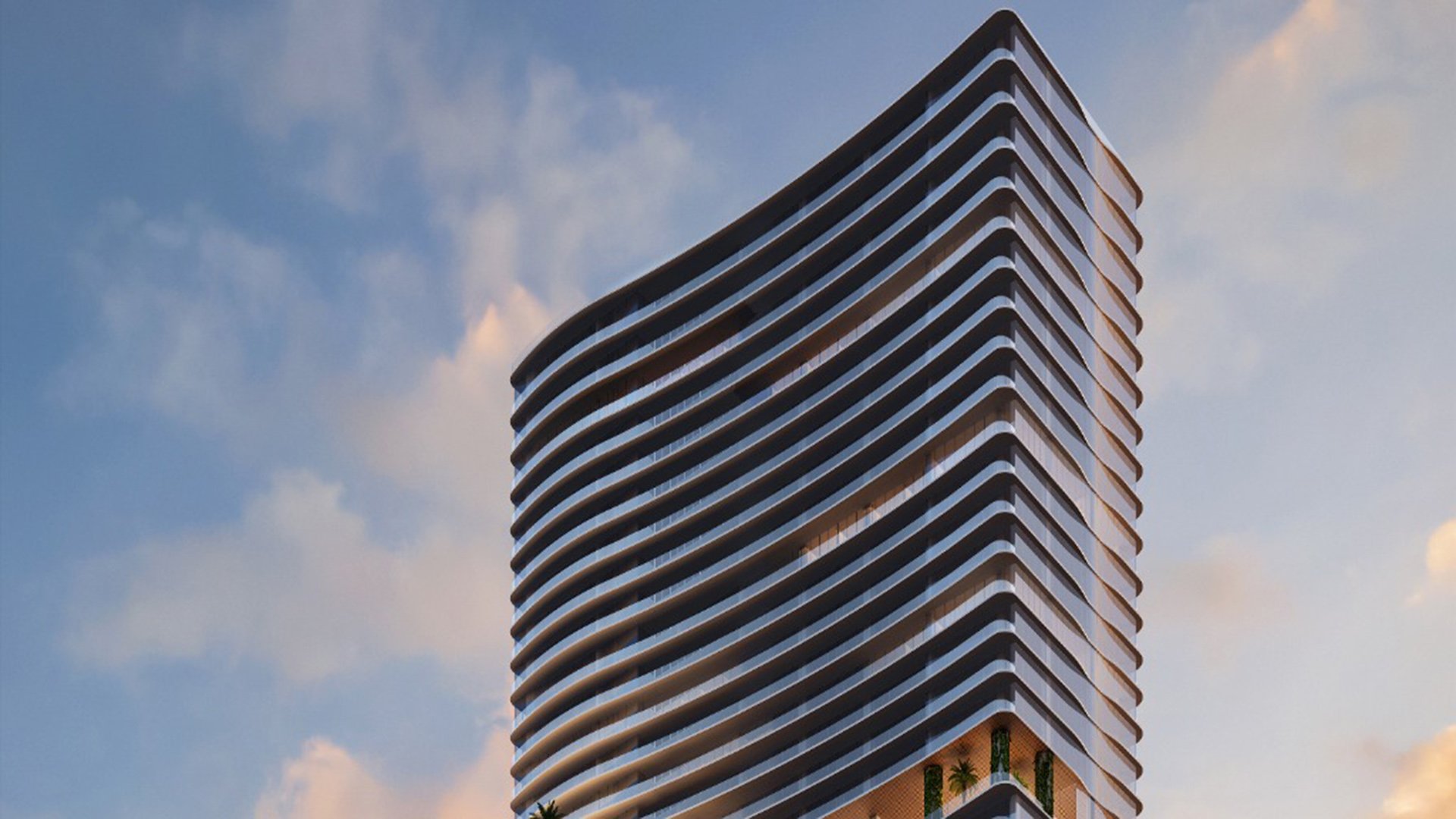 JEM Residences, Miami Worldcenter, Miami, luxury and ultra luxury condos with a dramatic curved exterior tower rising above landscaped podium levels and sky terrace amenities at sunset.