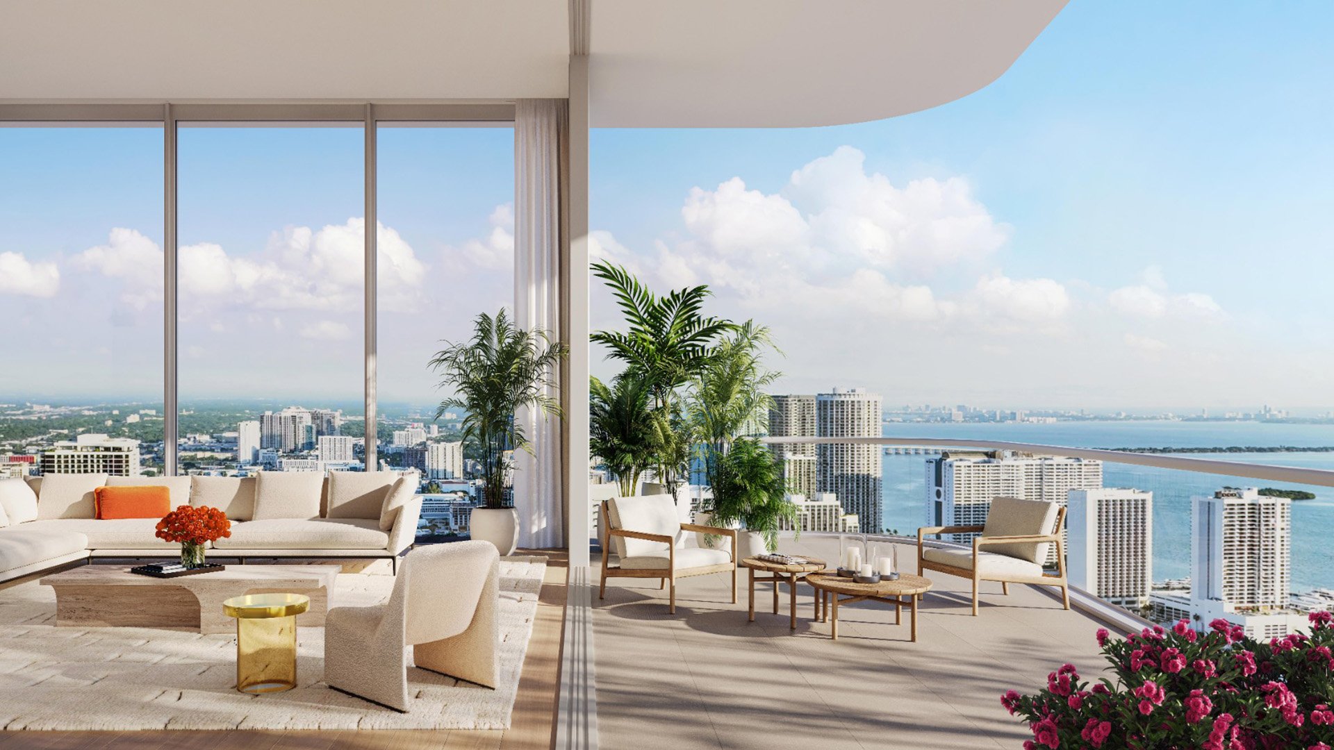 JEM Residences, Miami Worldcenter, Miami, luxury and ultra luxury condos with a bright open living room, floor-to-ceiling glass, wraparound terrace seating, and expansive bay and skyline views.