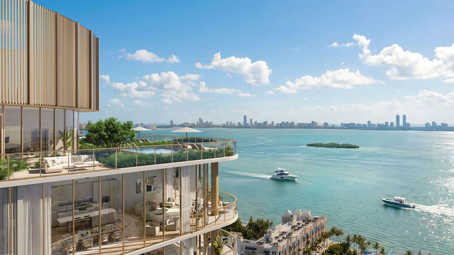Kempinski Residences Miami in Miami Design District, luxury and ultra luxury condos, preconstruction exterior with a curved upper-level terrace, floor-to-ceiling glass, a landscaped lounge deck, and broad waterfront skyline views with boats.