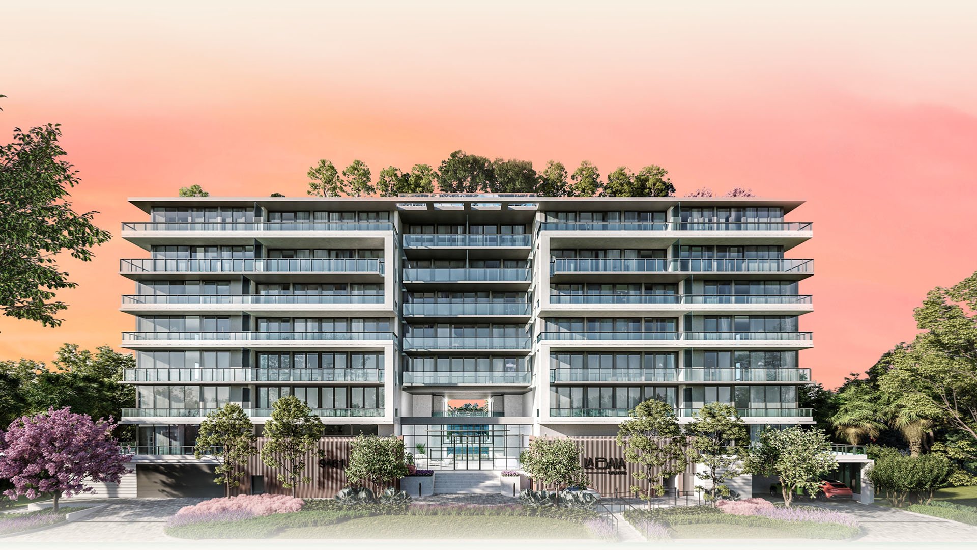 La Baia North in Bay Harbor Islands, Miami, Florida exterior at sunset with modern glass balconies and landscaped entry, highlighting luxury and ultra luxury preconstruction condos.