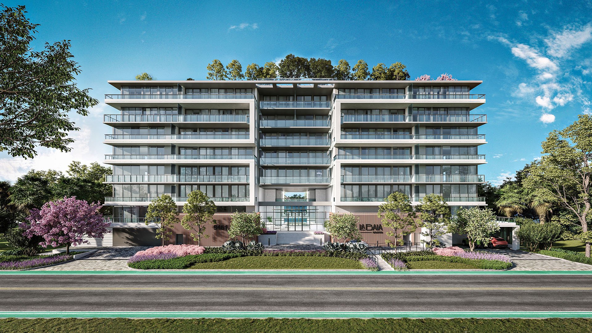 La Baia North Bay Harbor Islands, Miami, Florida street-front daytime elevation with lush landscaping and glass terraces, featuring luxury and ultra luxury preconstruction condos.