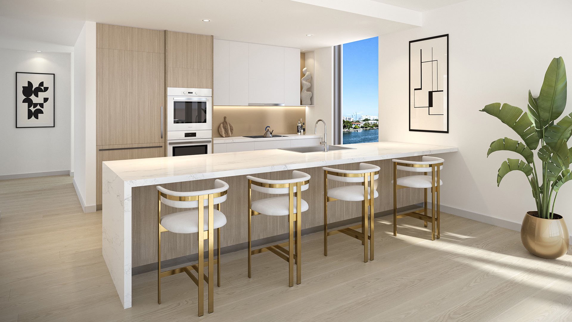 La Baia North Bay Harbor Islands, Miami, Florida gourmet kitchen with marble waterfall island, gold barstools and modern cabinetry with water view, for luxury and ultra luxury preconstruction condos.