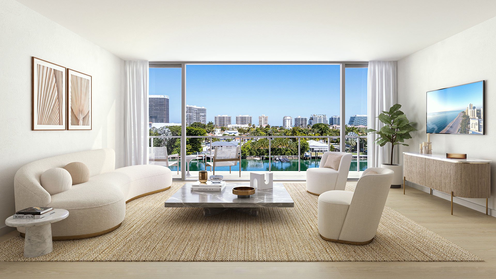 La Baia North Bay Harbor Islands, Miami, Florida luxury living room with floor-to-ceiling windows, balcony and bay views, representing ultra luxury preconstruction condos lifestyle.