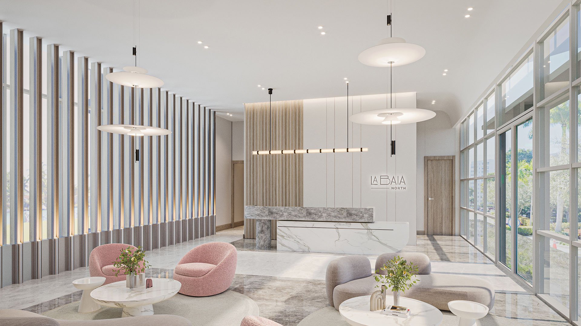 La Baia North Bay Harbor Islands, Miami, Florida lobby reception with marble desk, floor-to-ceiling glass and La Baia North signage, welcoming residents to luxury and ultra luxury preconstruction condos.