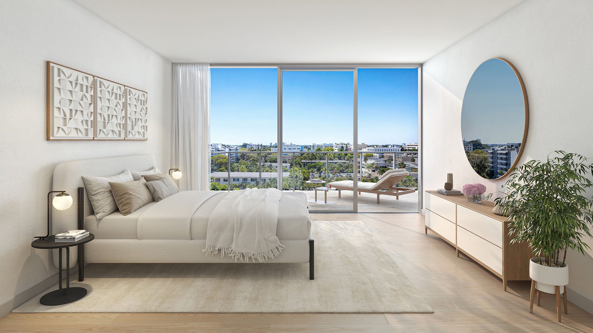 La Baia North Bay Harbor Islands, Miami, Florida primary bedroom suite with floor-to-ceiling windows and private balcony overlooking the city, part of luxury and ultra luxury preconstruction condos.