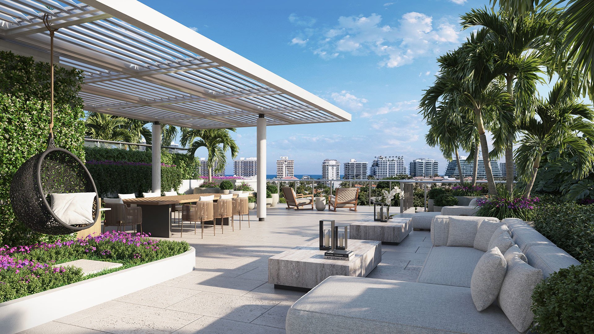 La Baia North Bay Harbor Islands, Miami, Florida rooftop adult lounge terrace with pergola dining, outdoor seating and skyline views, for luxury and ultra luxury preconstruction condos.