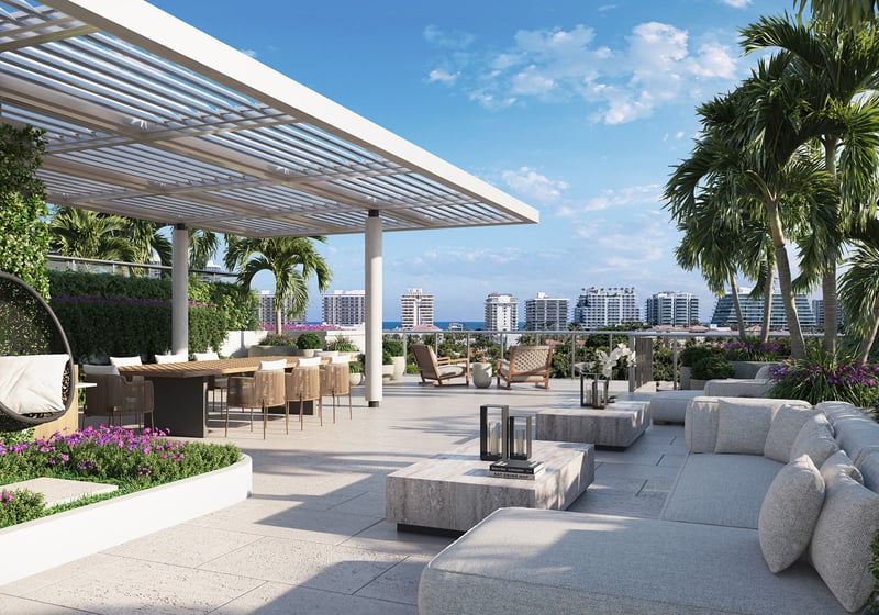 La Baia North Bay Harbor Islands, Miami, Florida rooftop adult lounge terrace with pergola dining, outdoor seating and skyline views, for luxury and ultra luxury preconstruction condos.