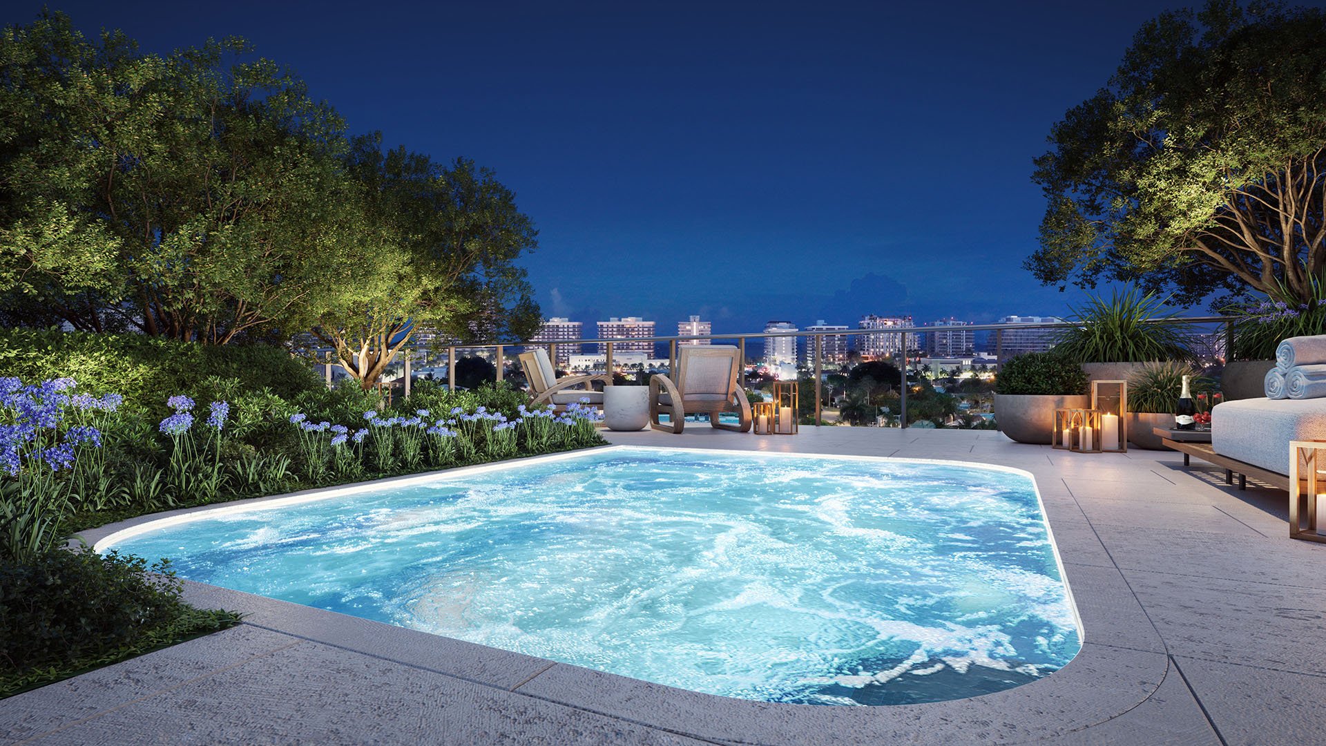 La Baia North Bay Harbor Islands, Miami, Florida rooftop spa hot tub at night with lantern lighting and skyline backdrop, an amenity of luxury and ultra luxury preconstruction condos.