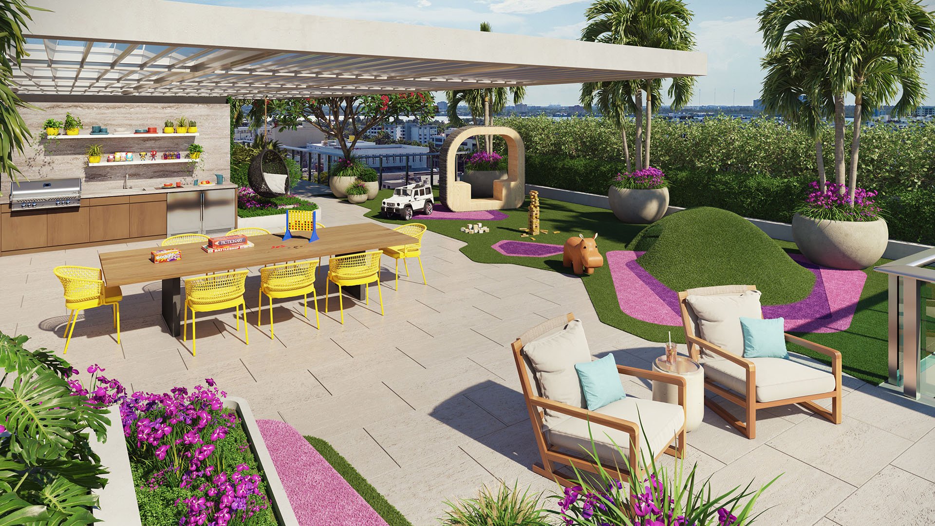 La Baia North Bay Harbor Islands, Miami, Florida rooftop kids play area with outdoor kitchen, grill, games lawn and dining tables, serving luxury and ultra luxury preconstruction condos families.