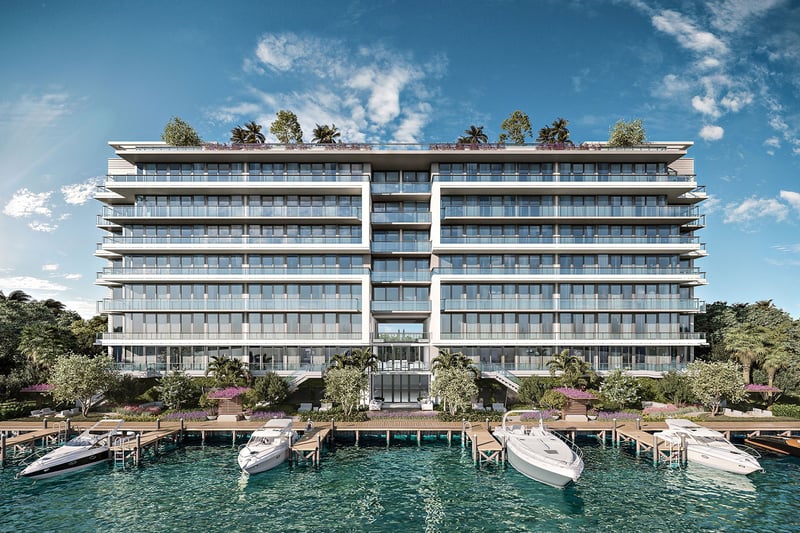 La Baia North Bay Harbor Islands, Miami, Florida waterfront view with yacht docks, landscaped promenade and Biscayne Bay backdrop, showcasing luxury and ultra luxury preconstruction condos.