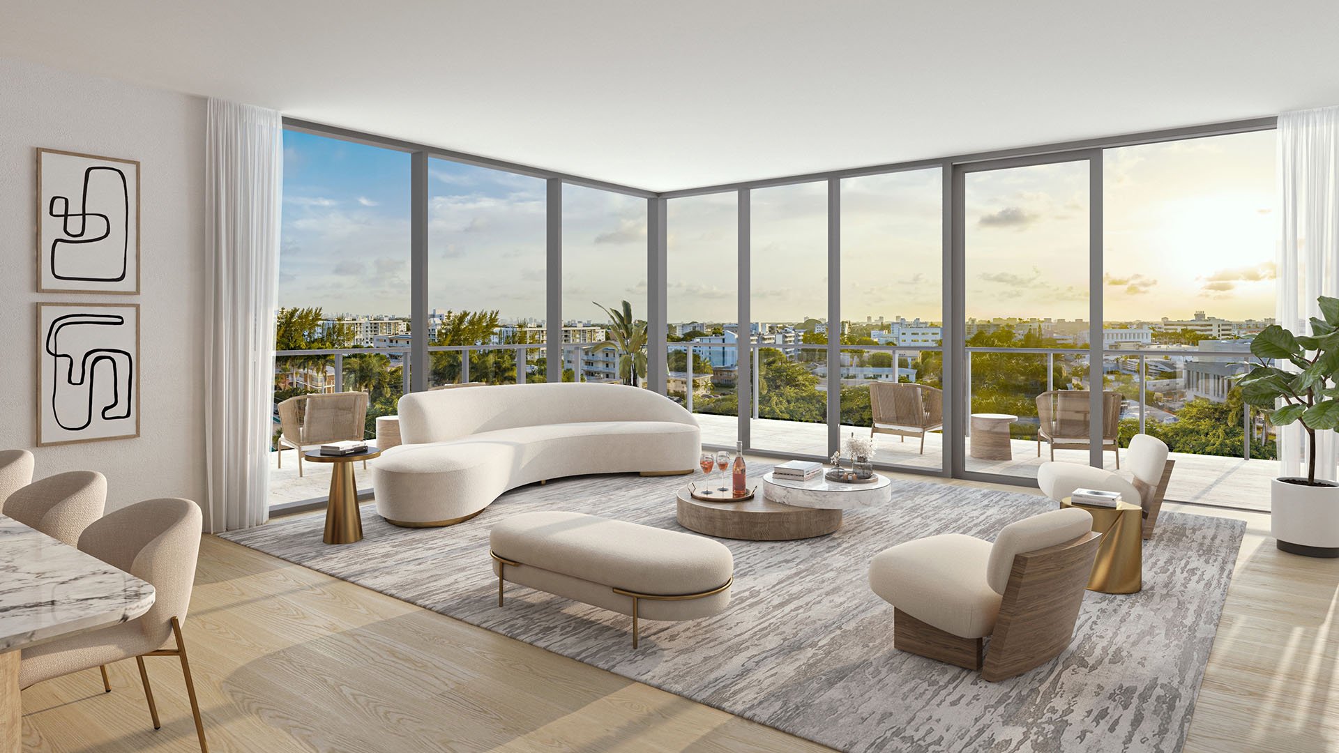La Baia North Bay Harbor Islands, Miami, Florida west corner living room with curved sofa, wraparound glass and sunset city views, capturing luxury and ultra luxury preconstruction condos.