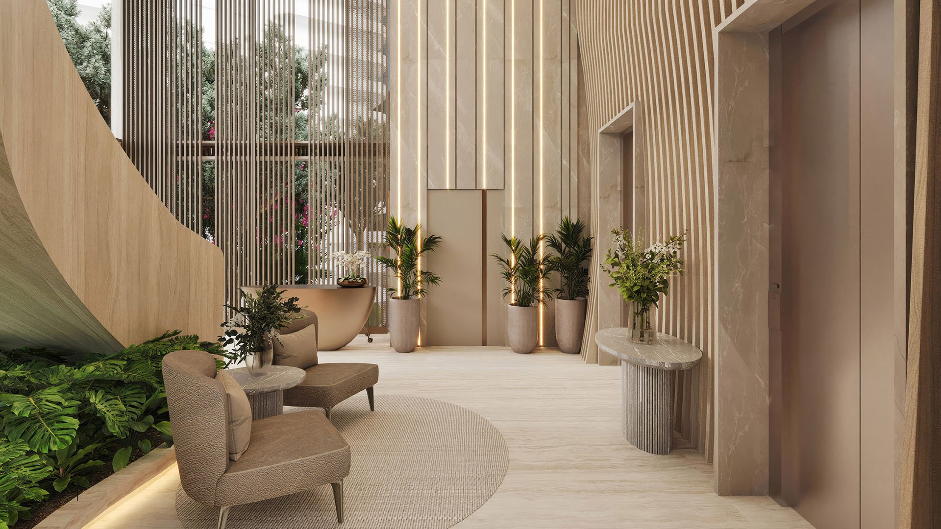 La Mare Bay Tower lobby elevator hall in Bay Harbor Islands, Miami, Florida, with vertical light slat wall, marble finishes and seating, representing luxury and ultra luxury preconstruction condos amenities.