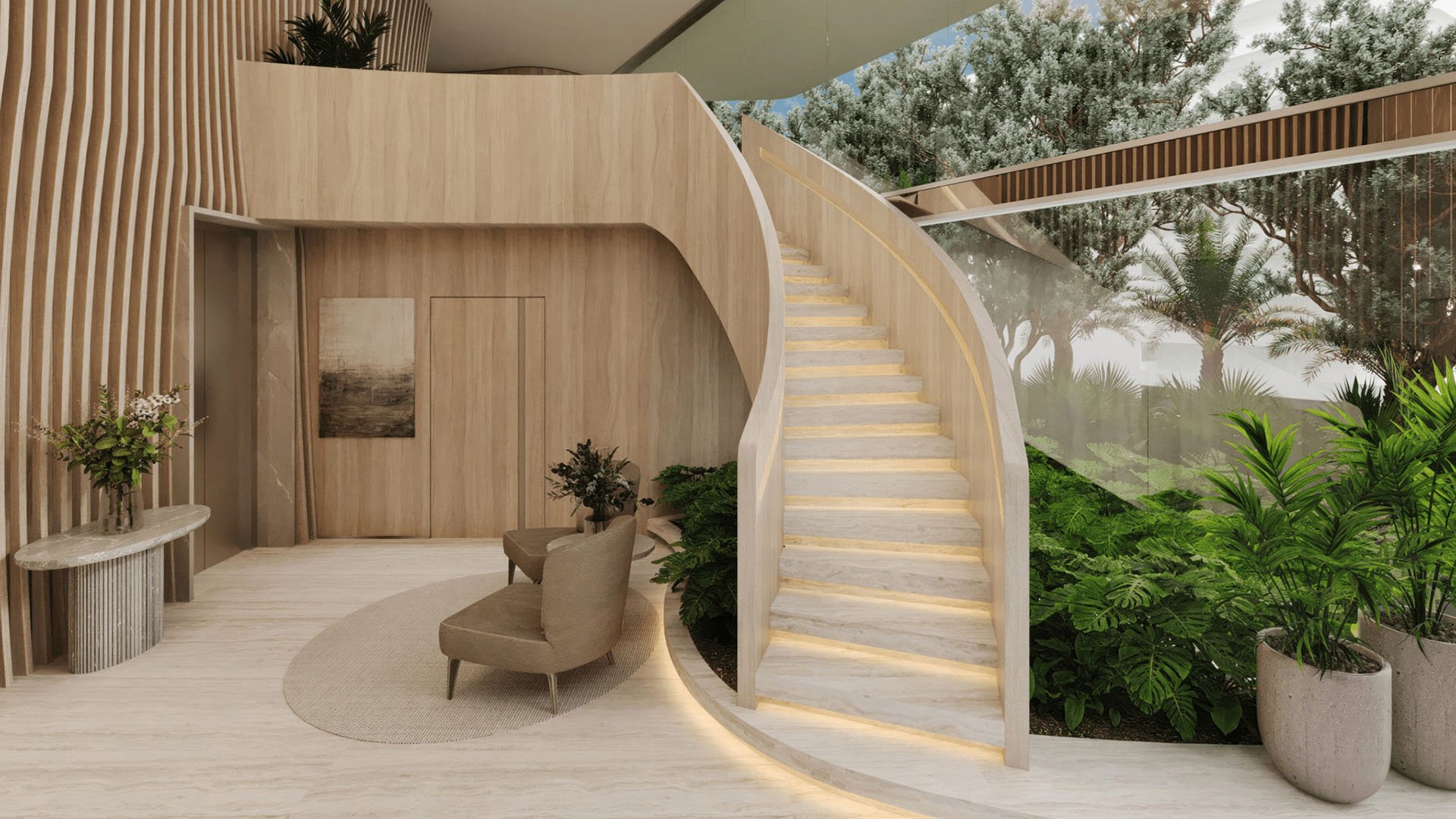 La Mare Bay Tower lobby entrance in Bay Harbor Islands, Miami, Florida, featuring a curved staircase, indoor garden and warm wood accents, showcasing luxury and ultra luxury preconstruction condos lifestyle.