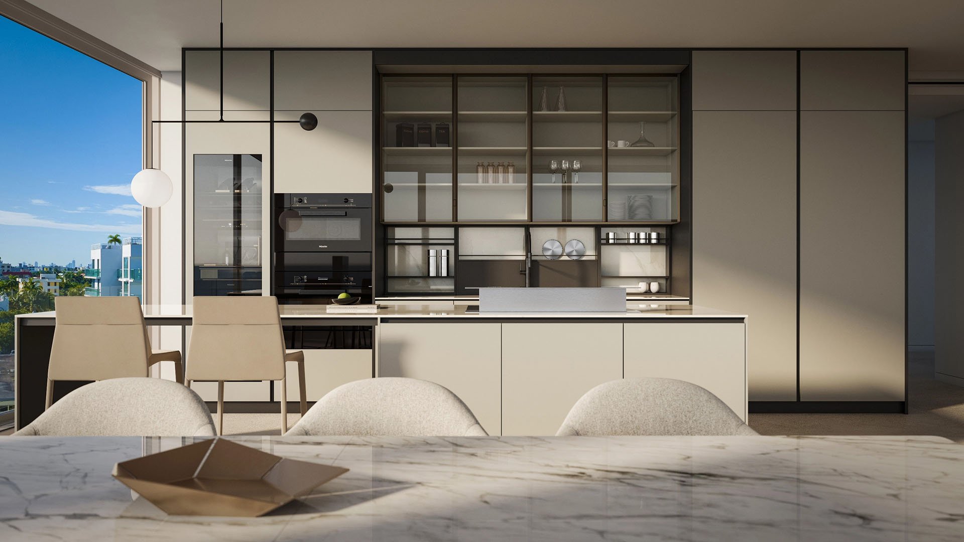 La Mare Bay Tower kitchen in Bay Harbor Islands, Miami, Florida, featuring sleek island, built-in appliances and minimalist cabinetry, showcasing luxury and ultra luxury preconstruction condos finishes.