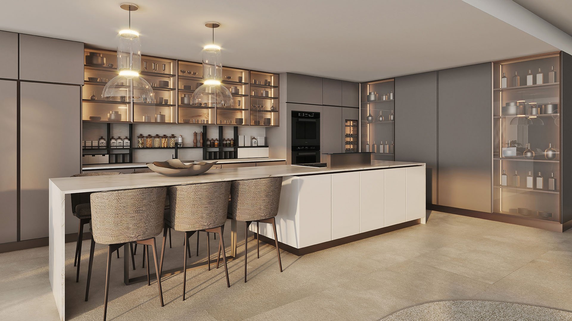 Modern kitchen with waterfall marble island and backlit glass cabinets at La Mare Regency Tower, Bay Harbor Islands, Miami, Florida, highlighting luxury and ultra luxury preconstruction condos with designer appliances.