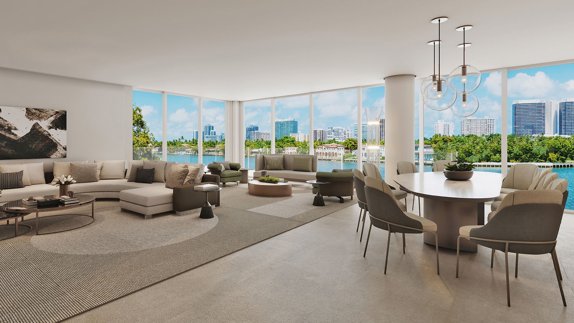 Open-plan living and dining with floor-to-ceiling windows and waterfront skyline views at La Mare Regency Tower, Bay Harbor Islands, Miami, Florida, showcasing luxury and ultra luxury preconstruction condos lifestyle.