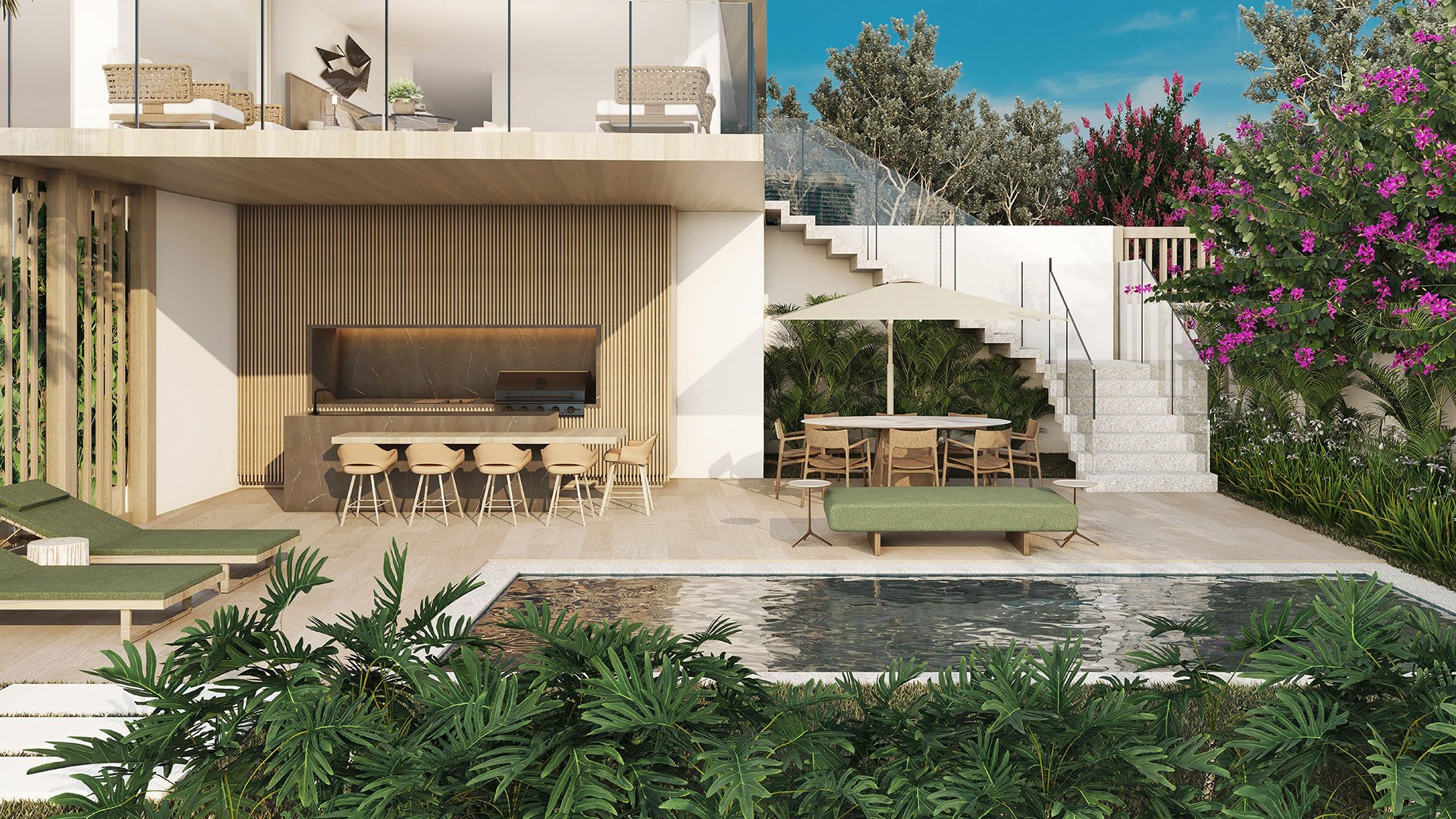 Private deck with pool, outdoor kitchen BBQ bar and alfresco dining at La Mare Regency Tower, Bay Harbor Islands, Miami, Florida, designed for luxury and ultra luxury preconstruction condos amenities.