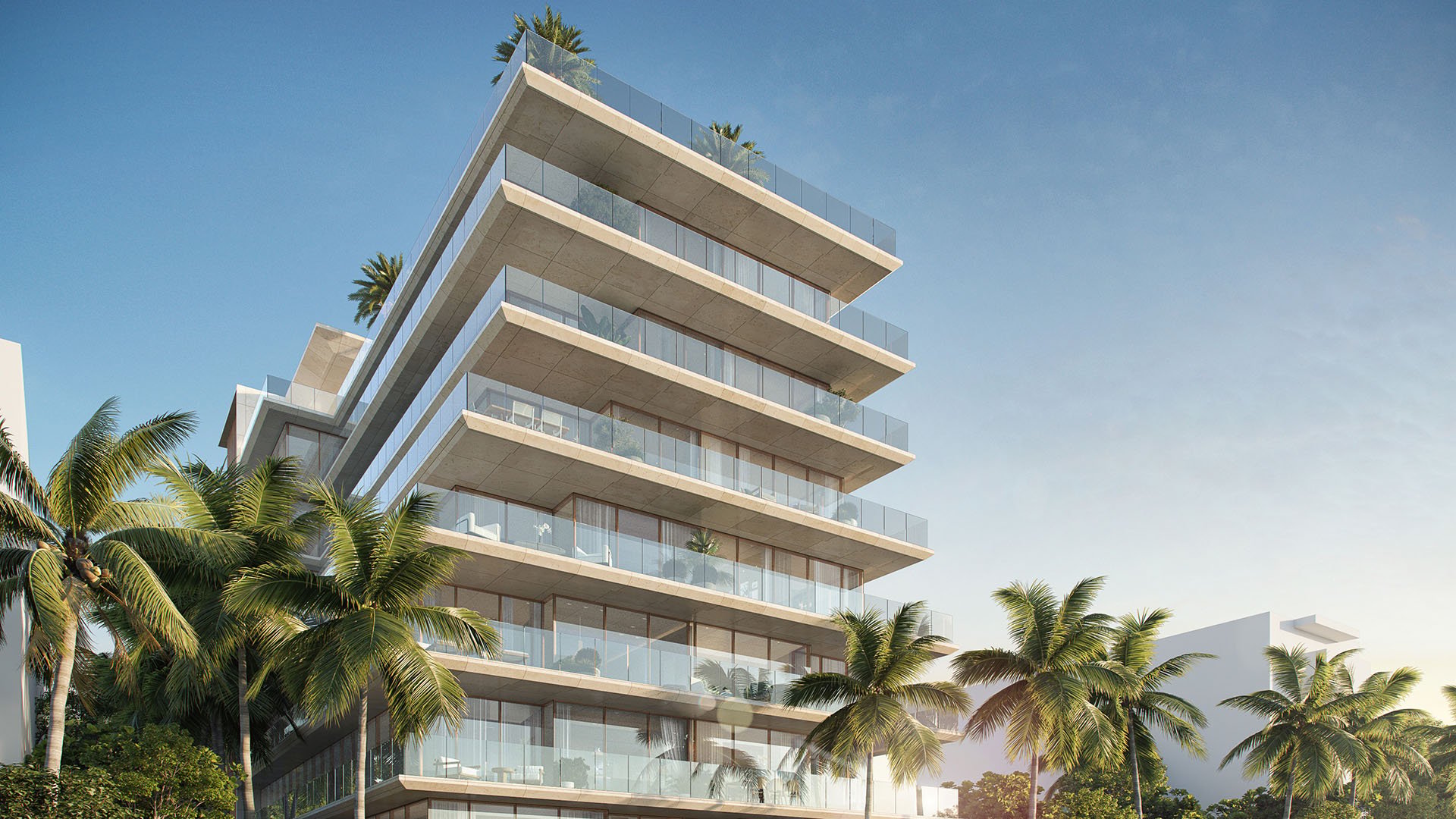 Modern condominium exterior with stacked terraces and glass balconies framed by palm trees at La Mare Signature Tower, Bay Harbor Islands, Miami, Florida, defining luxury and ultra luxury preconstruction condos architecture.