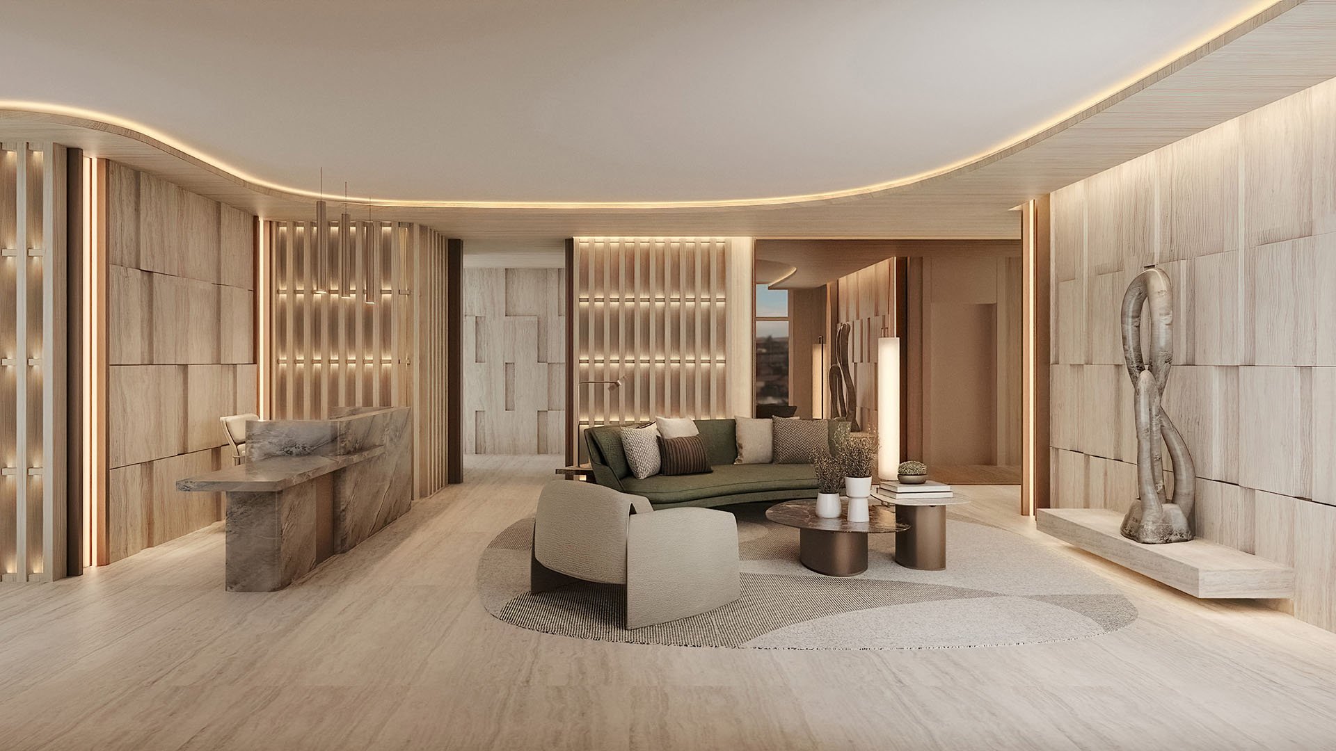 Reception lobby lounge with curved ceiling, cove lighting, stone and wood finishes at La Mare Signature Tower, Bay Harbor Islands, Miami, Florida, reflecting luxury and ultra luxury preconstruction condos arrival experience.