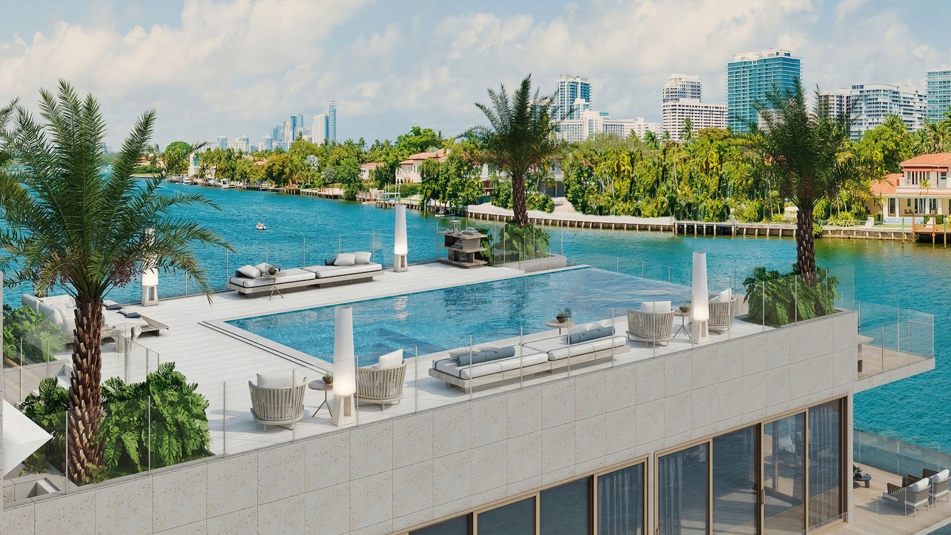 Bayfront rooftop infinity pool terrace with lounge chairs and Miami skyline water views at La Mare Signature Tower, Bay Harbor Islands, Miami, Florida, luxury and ultra luxury preconstruction condos resort amenities.