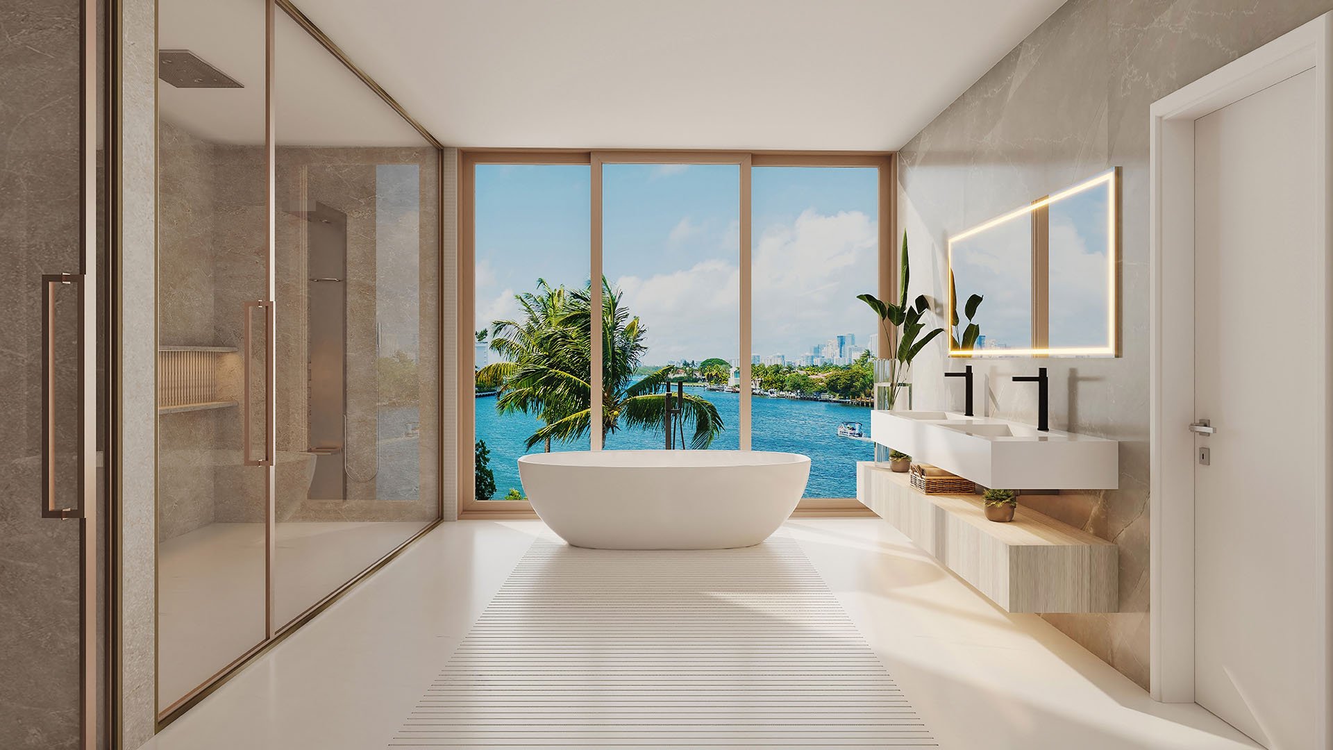 Spa bathroom with freestanding tub, glass shower and double vanity facing water views at La Mare Signature Tower unit 2A, Bay Harbor Islands, Miami, Florida, luxury and ultra luxury preconstruction condos wellness design.