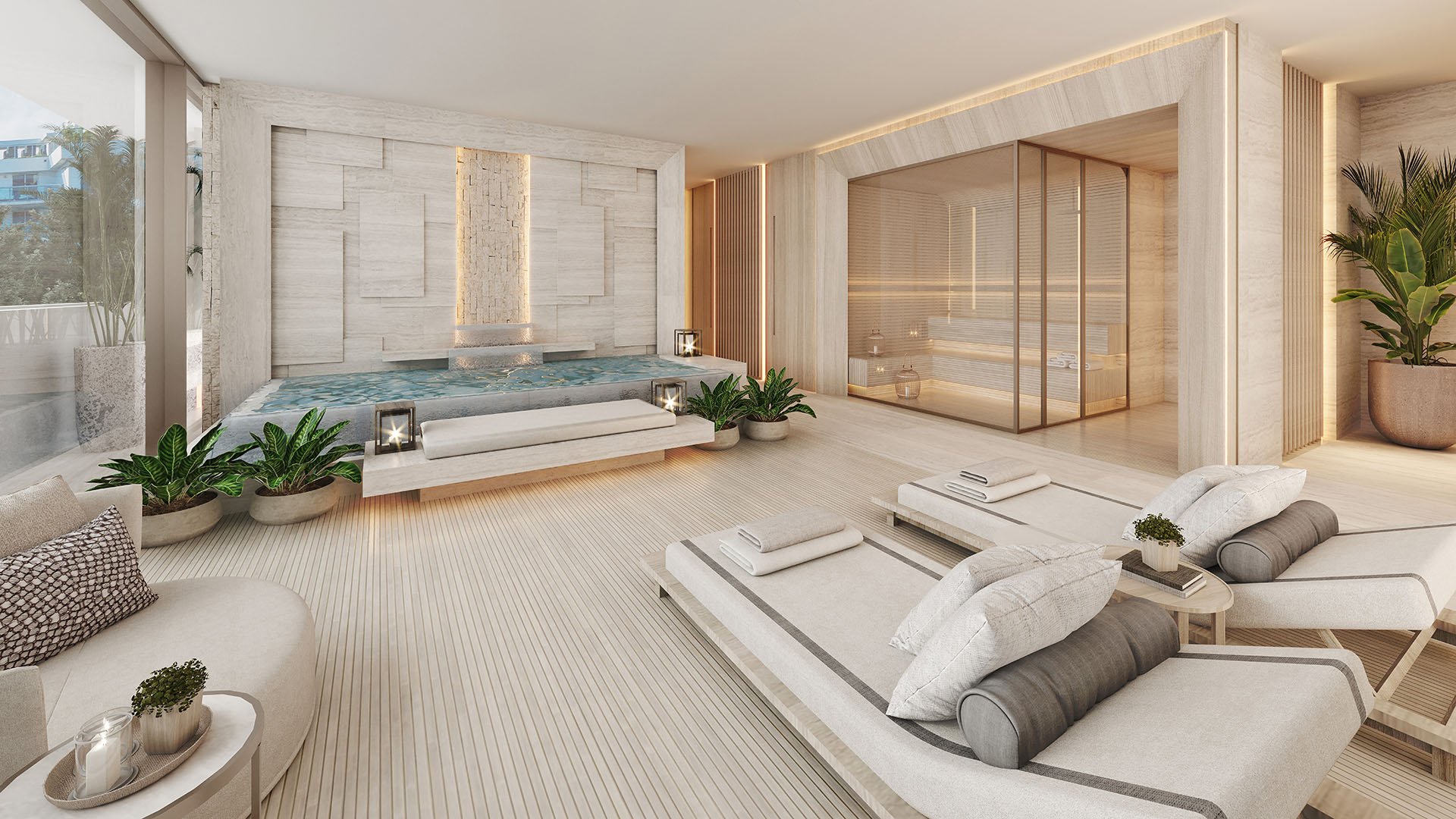La Mare Regency Tower indoor spa relaxation lounge with plunge pool and sauna, Bay Harbor Islands, Miami, Florida, featuring luxury and ultra luxury preconstruction condos wellness amenities.